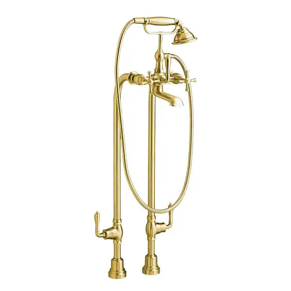 Transitional Floor Mount Bathtub Filler with Hand Shower and Cross Handles // SATIN BRASS // 152312_D3510296C.427_0_CDNwebp.webp