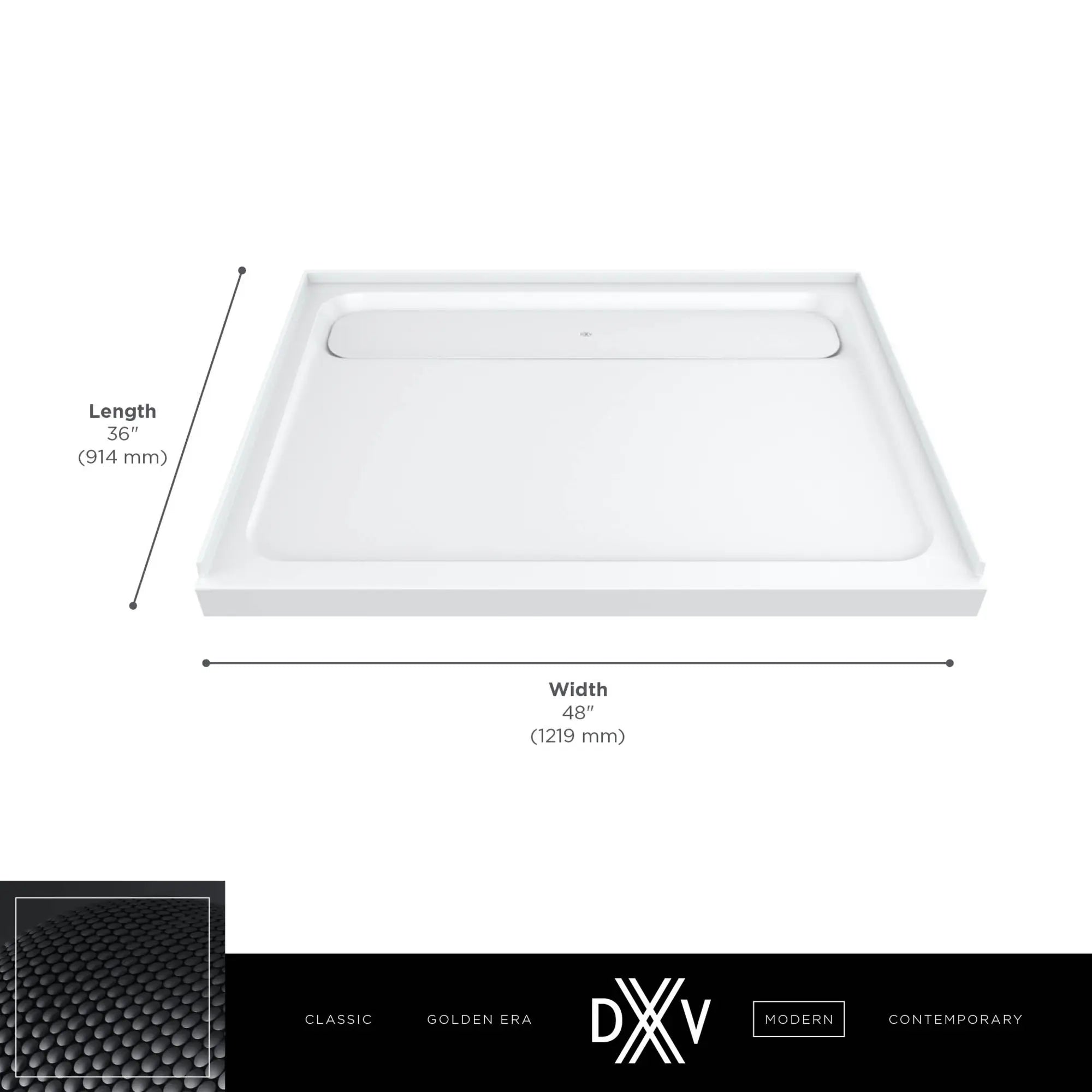 DXV® Modulus 48 in. x 36 in. Solid Surface Shower Base // MERINO WHITE // 153728_DXV_Shower_Base_48x36_D14836STC_2_0_CDNwebp.webp