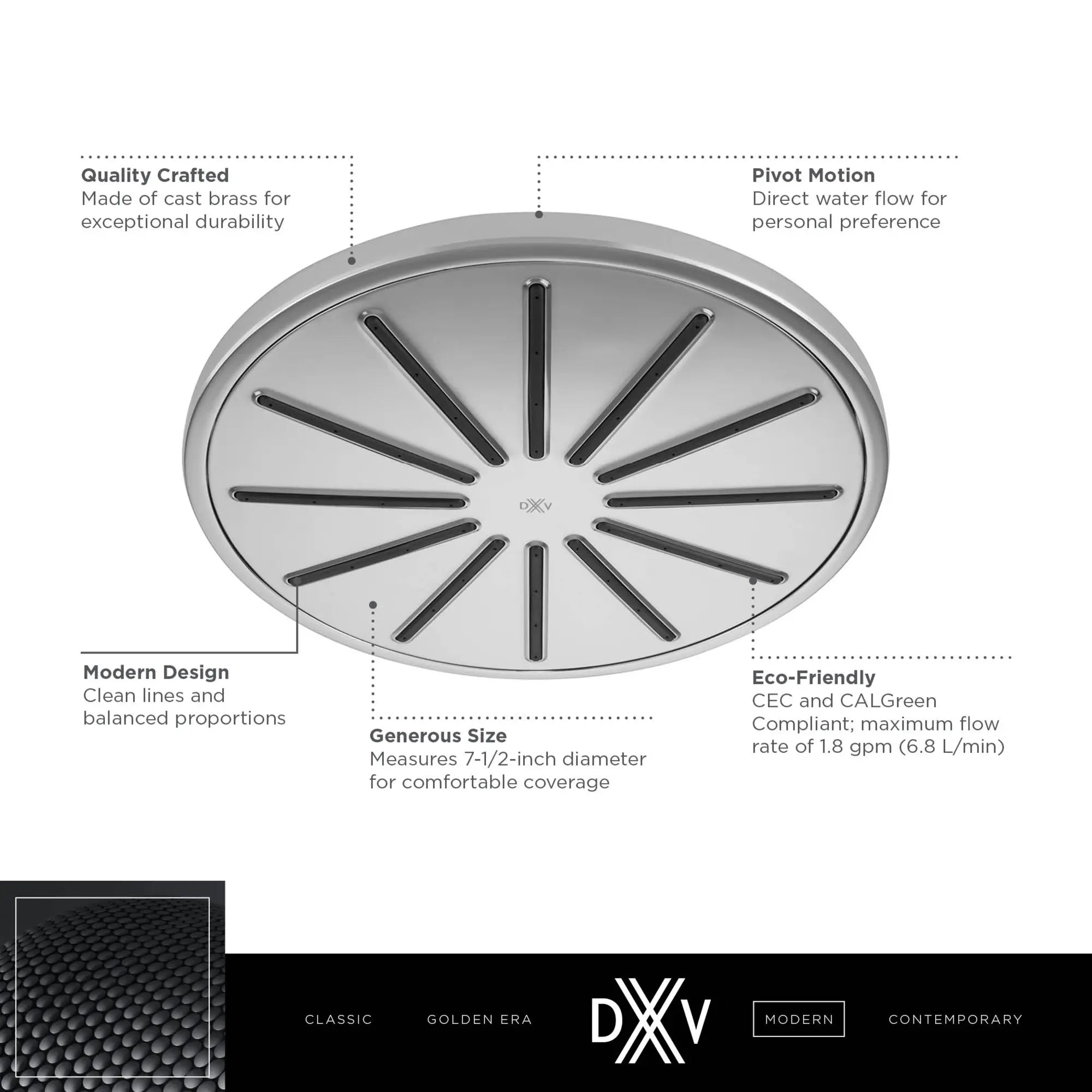 DXV® Modulus Single Function 7.5 in. Round Showerhead // MATTE BLACK // 153729_DXV_Modulus_Showerhead_D35120770_Info_1_0_CDNwebp.webp