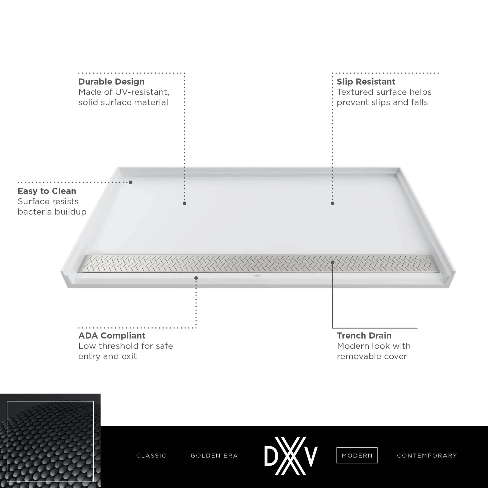 DXV® Modulus 64” X 34” SOLID SURFACE SHOWER BASE - FRONT DRAIN // MERINO WHITE // 153734_DXV_Shower_Base_64x34_D16434AMFCOL_1_0_CDNwebp.webp