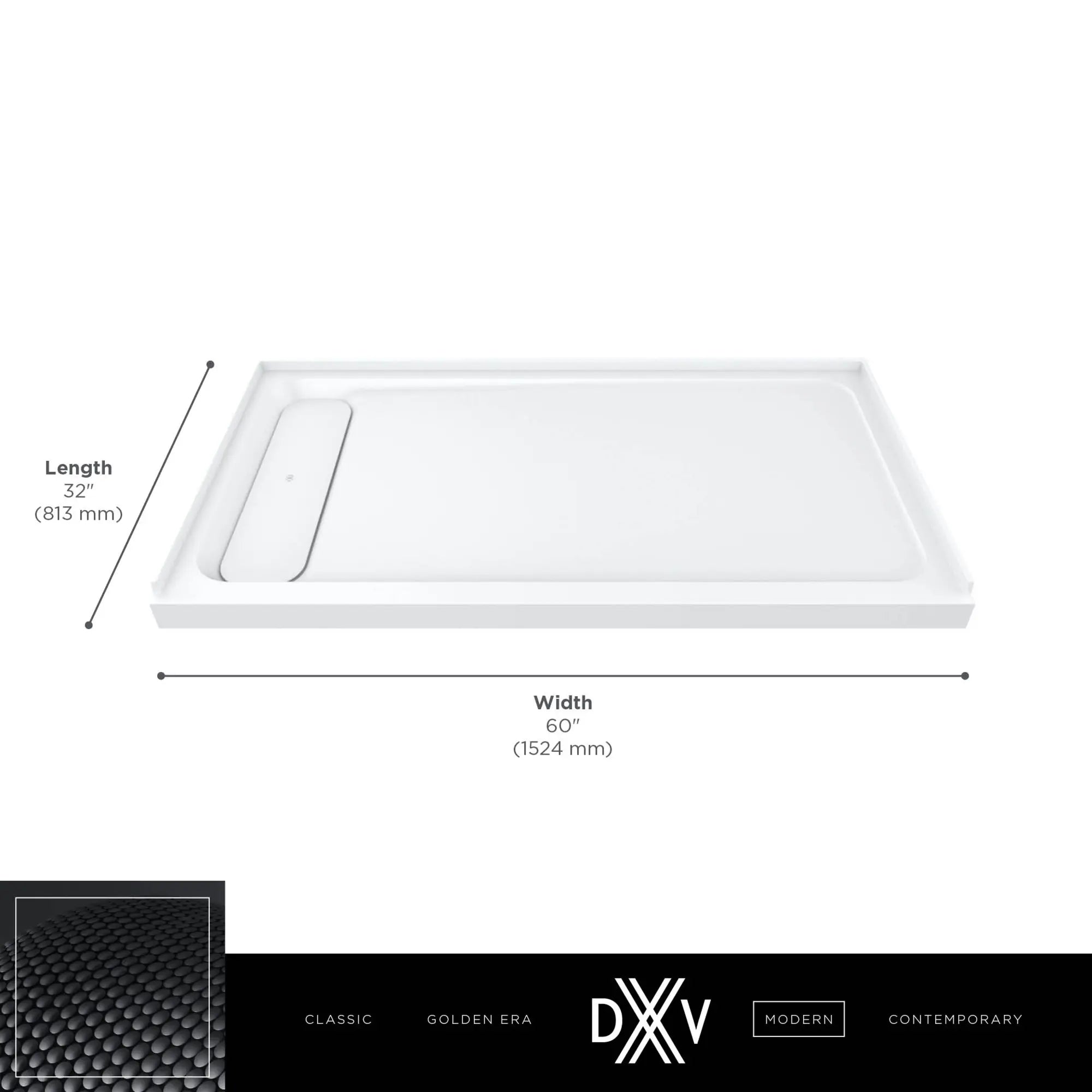 DXV® Modulus 60” X 32” SOLID SURFACE SHOWER BASE – RIGHT DRAIN // MERINO WHITE // 153737_DXV_Shower_Base_60x32_D16032STL_D16032STR_2_0_CDNwebp.webp
