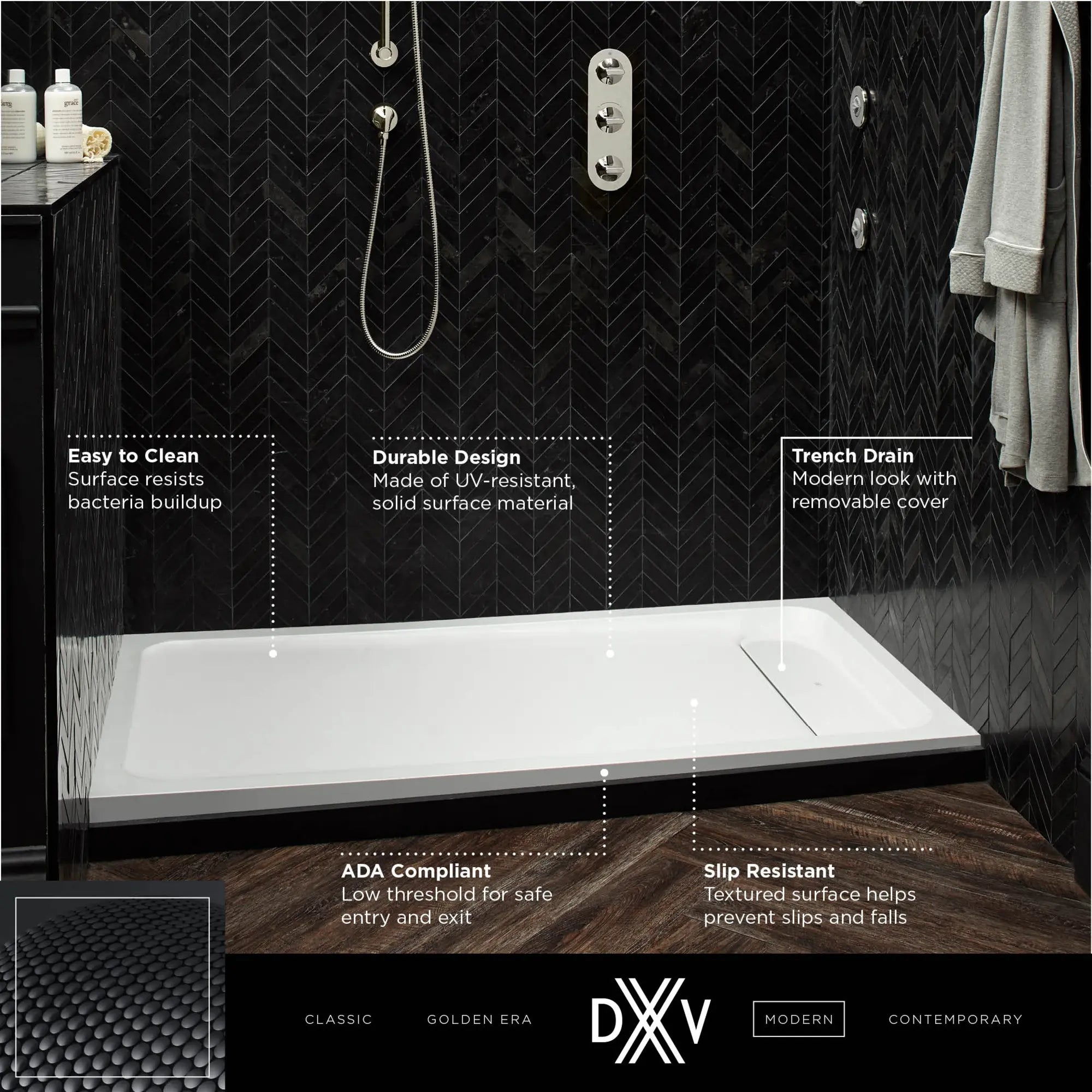 DXV® Modulus 60” X 30” SOLID SURFACE SHOWER BASE – RIGHT DRAIN // MERINO WHITE // 153741_DXV_Shower_Base_60x30_D16030STL_D16030STR_1_0_CDNwebp.webp