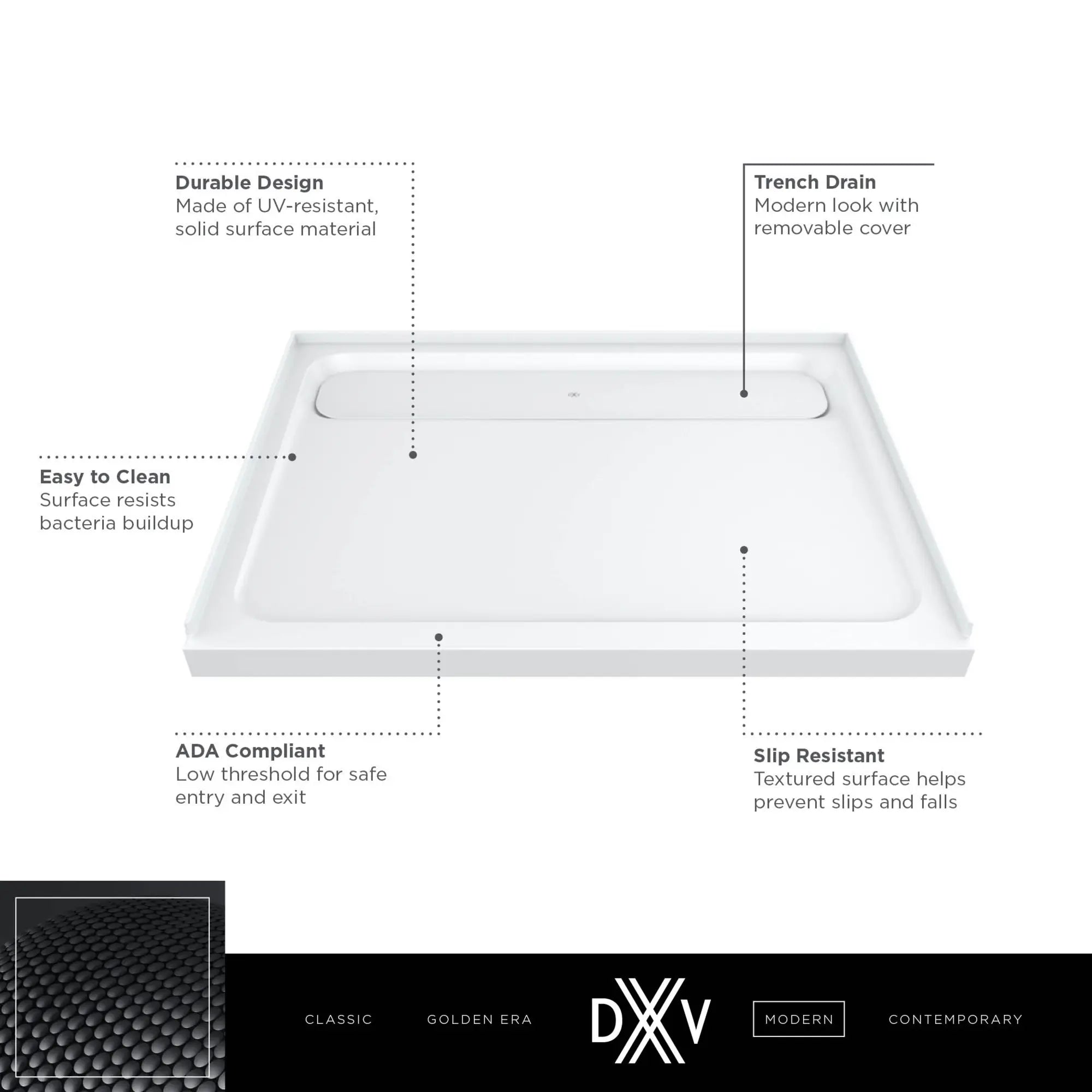 DXV® Modulus 48 in. x 36 in. Solid Surface Shower Base // MERINO WHITE // 153742_DXV_Shower_Base_48x36_D14836STC_1_0_CDNwebp.webp