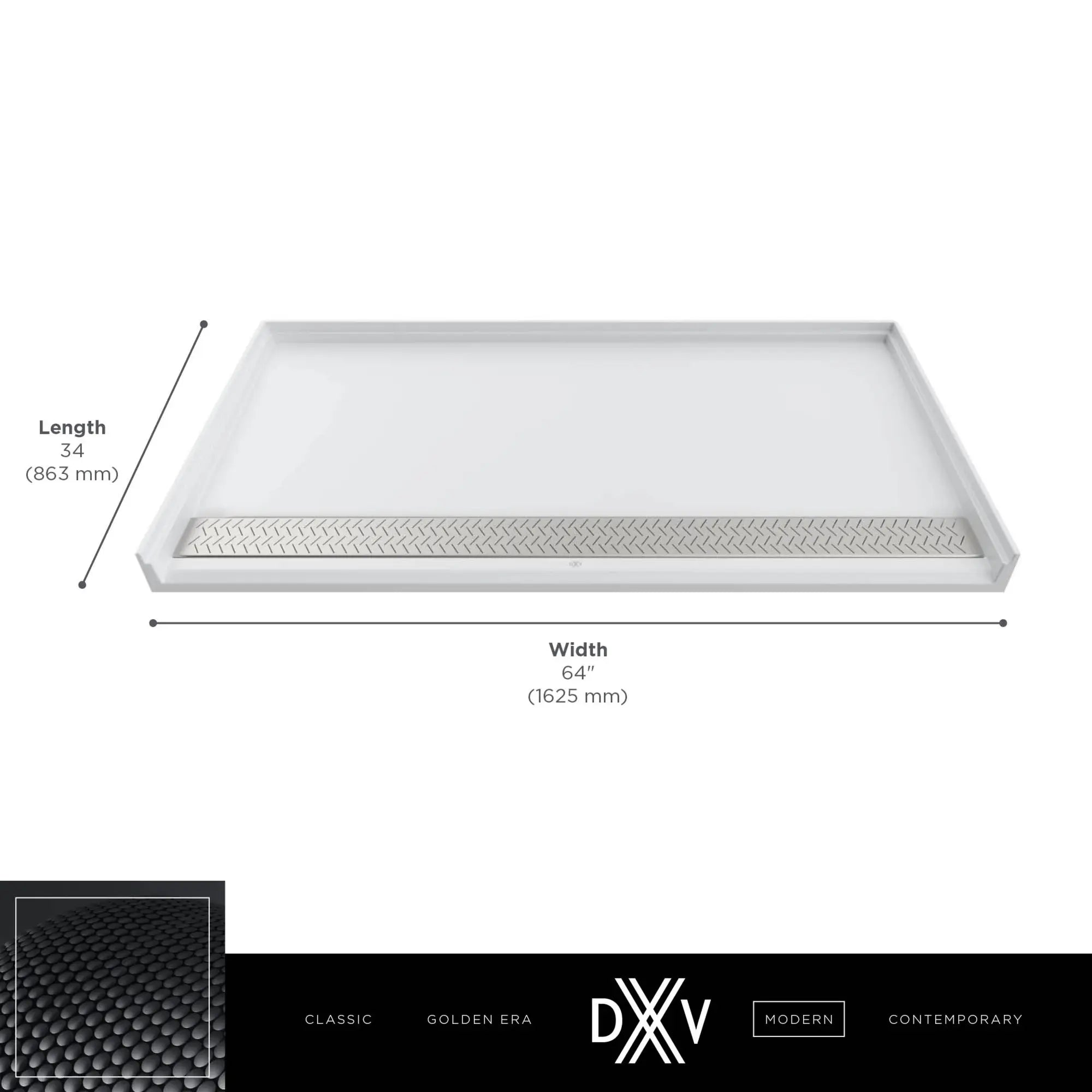 DXV® Modulus 64” X 34” SOLID SURFACE SHOWER BASE - FRONT DRAIN // MERINO WHITE // 153743_DXV_Shower_Base_64x34_D16434AMFCOL_2_0_CDNwebp.webp