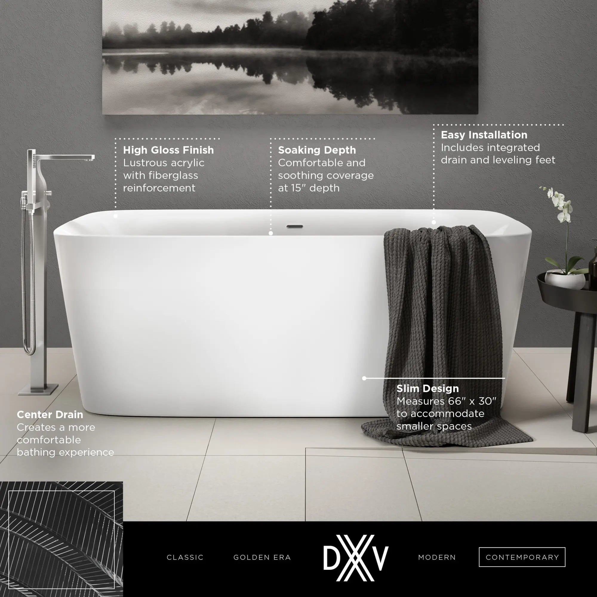 Equility® Slim 67 in. x 30 in. Freestanding Bathtub // CANVAS WHITE // 159637_DXV_Equility_Tubs_D12045004_Info_1_0_CDNwebp.webp