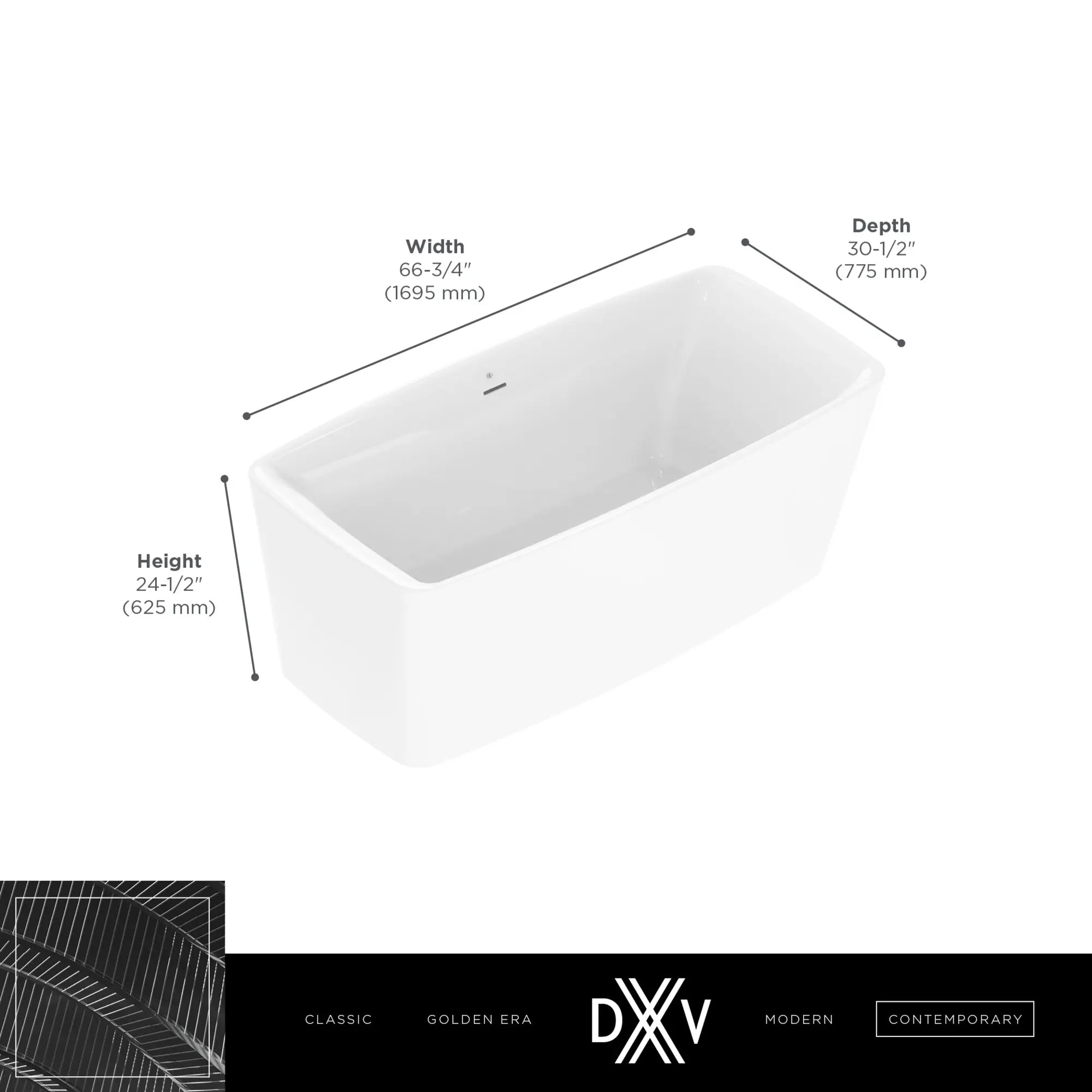 Equility® Slim 67 in. x 30 in. Freestanding Bathtub // CANVAS WHITE // 159638_DXV_Equility_Tubs_D12045004_Info_2_0_CDNwebp.webp