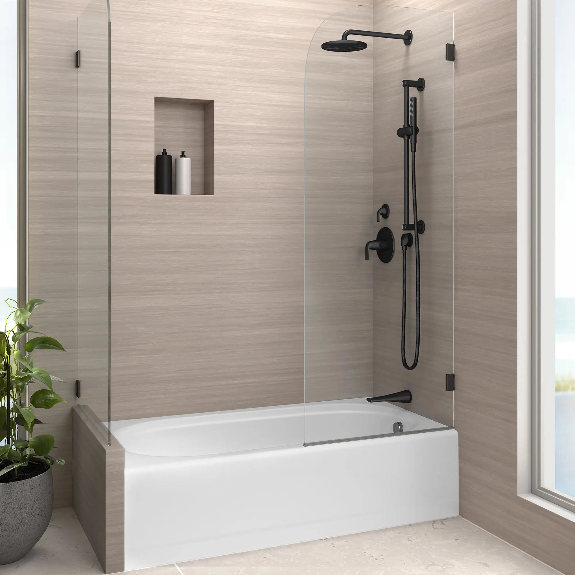 DXV® Modulus 12 in. Shower Arm // MATTE BLACK // 159649_Modulus_Environment_D35700317.243_D35120770.243_D35120780.243_D35120F00.243_D35120430.243_D35120760.243_D02391202.415_D1640305.002_0001_Mar2023_CDNwebp.webp