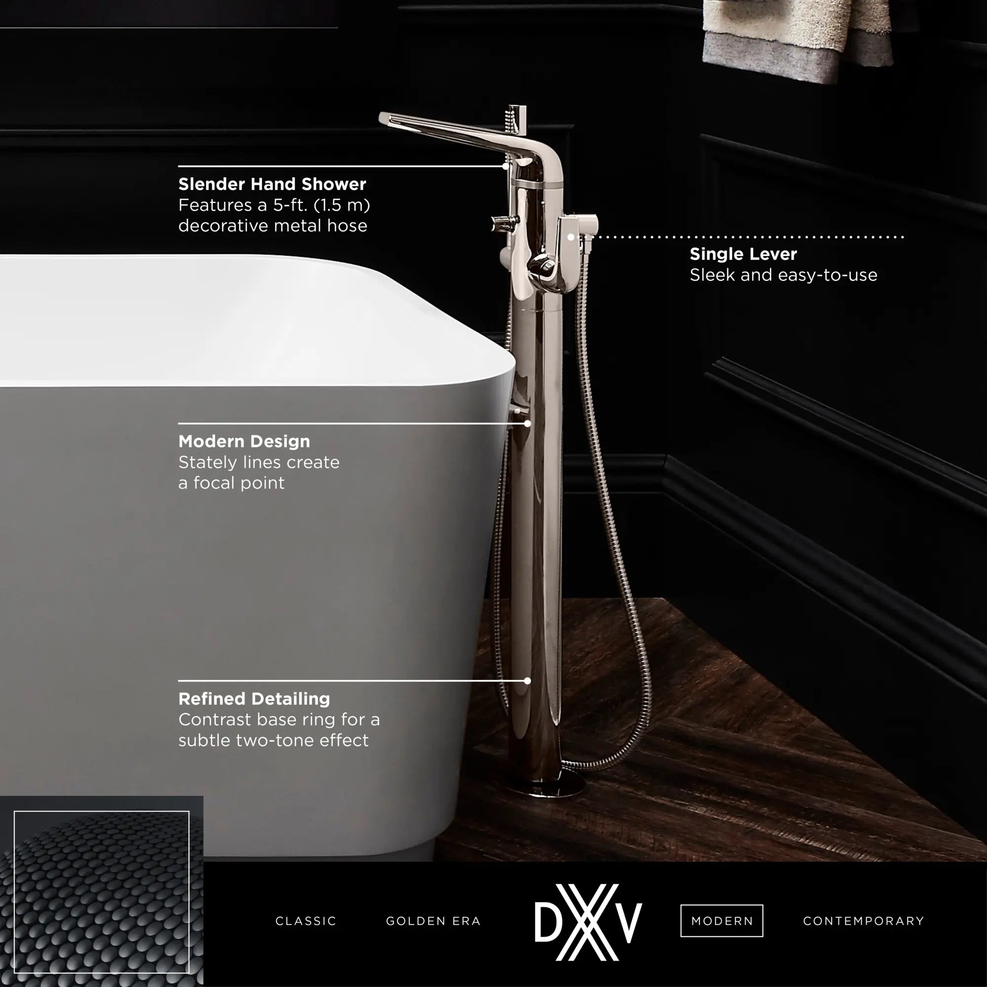 DXV® Modulus Single Handle Floor Mount Bathtub Filler with Hand Shower and Lever Handle // MATTE BLACK // 159682_DXV_Modulus_Floor_Mount_Tub_Filler_D35120951_1_0_CDNwebp.webp