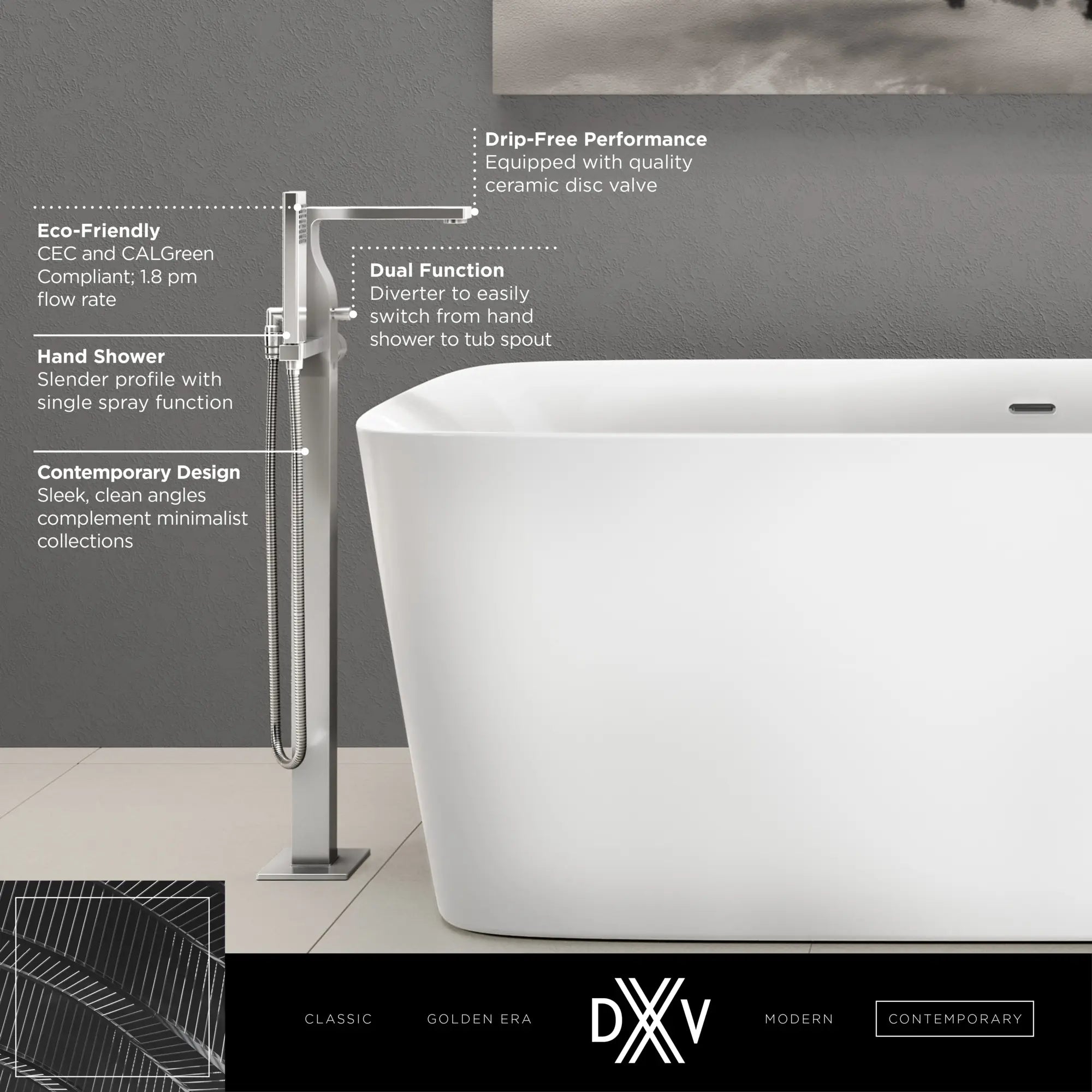 Equility® Square Floor Mount Bathtub Filler with Hand Shower and Lever Handle // POLISHED CHROME // 186072_Equility_Infographic_D3590090C_0001_SEPT2023_0_CDNwebp.webp