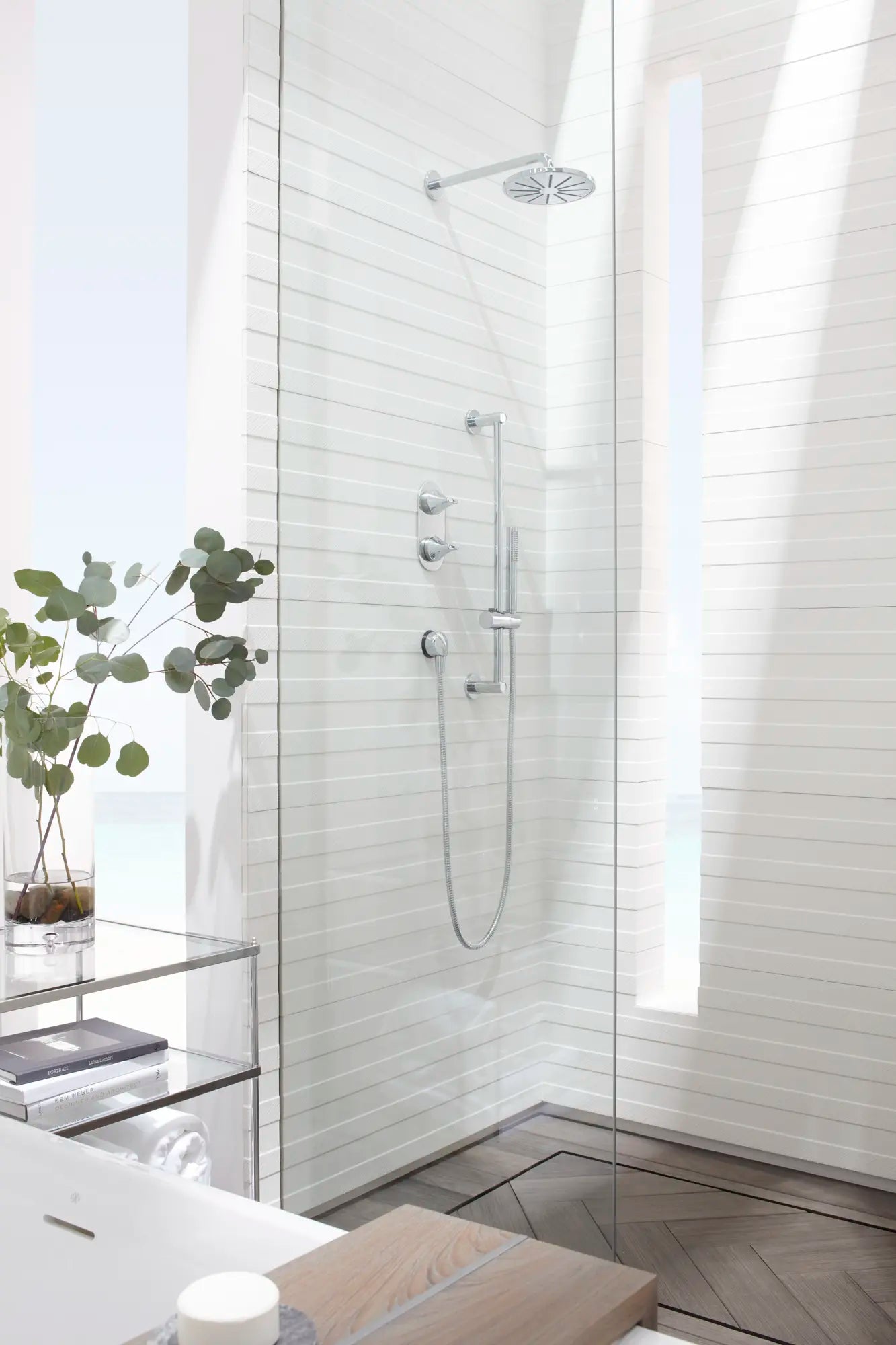 DXV® Modulus Single Function 7.5 in. Round Showerhead // POLISHED CHROME // 39748_Shot1_Shower_LauraMuller_0_CDNwebp.webp