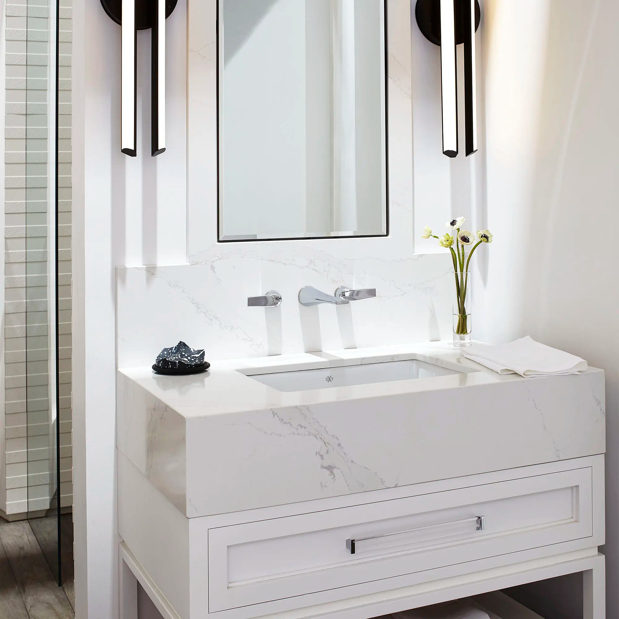 DXV® Modulus 2-Handle Wall Mount Widespread Bathroom Faucet with Lever Handles // POLISHED CHROME // 39765_Shot1_Faucet_LauraMuller_0_CDNwebp.webp