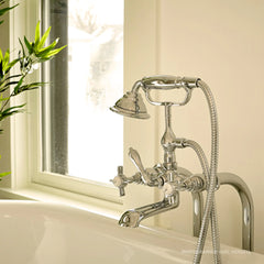 [D35101954.100] Traditional Floor Mount Tub Faucet with Ashbee Cross Handles - Platinum Nickel