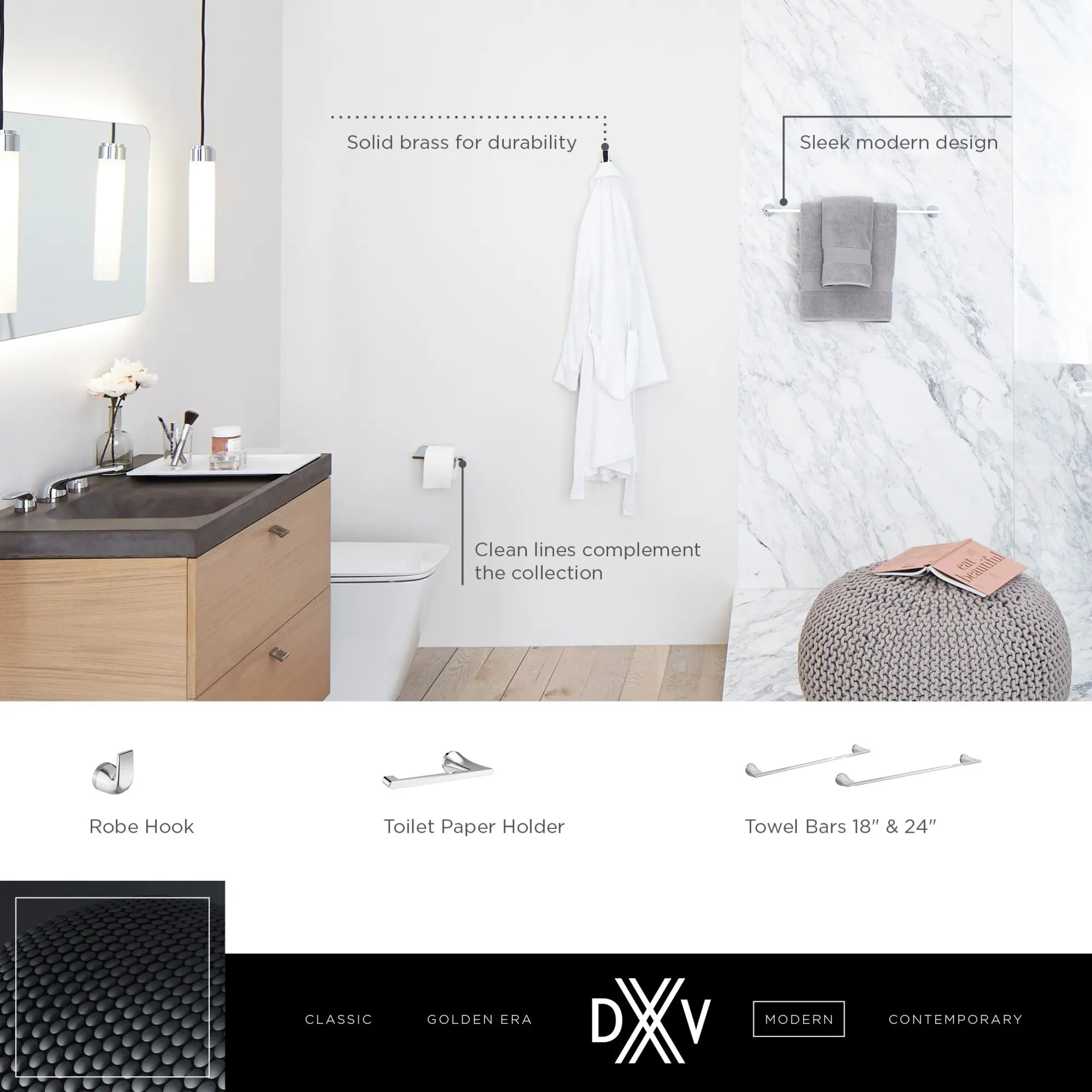 DXV® Modulus Towel Hook // MATTE BLACK // 68322_DXV_Modulus_Accessories_D35120240_D35120180_D35120230_D35120210_Info_0_CDNwebp.webp