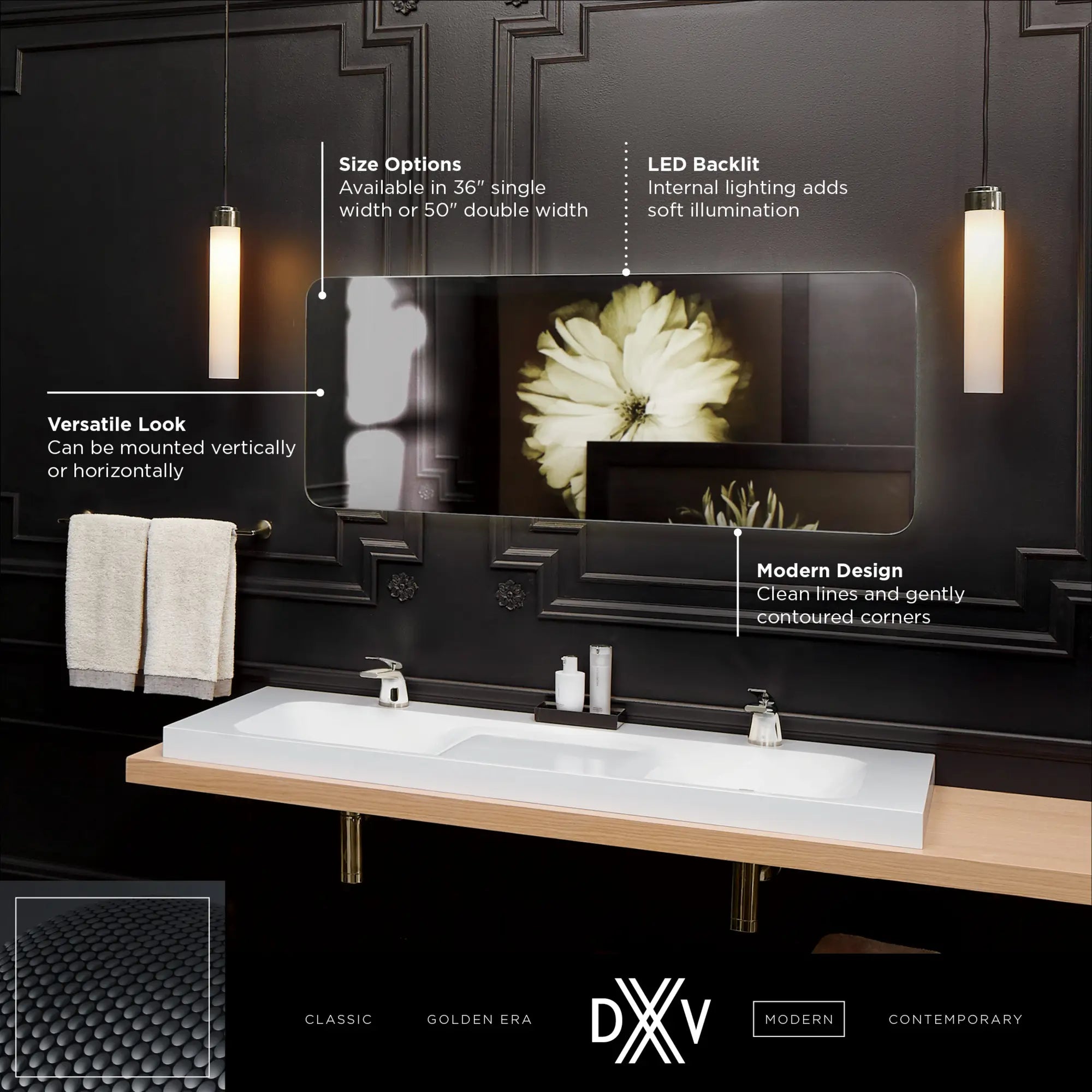 DXV Modulus® 50 in. x 20 in. LED Backlit Mirror // UNFINISHED // 68334_DXV_Modulus_Double_Mirror_D19055049_Info_1_0_CDNwebp.webp