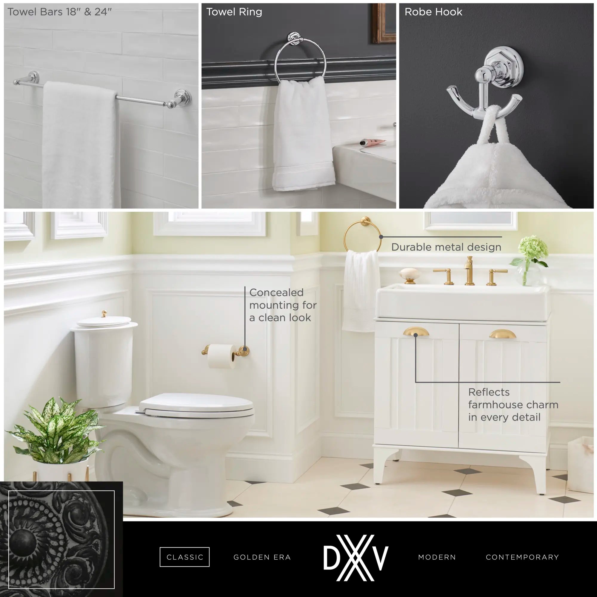 Oak Hill® Toilet Paper Holder // POLISHED CHROME // 68366_DXV_Oak_Hill_Acessories_D35155180_D35155240_D35155190_D35155210_D35155235_Infographics_1_CDNwebp.webp