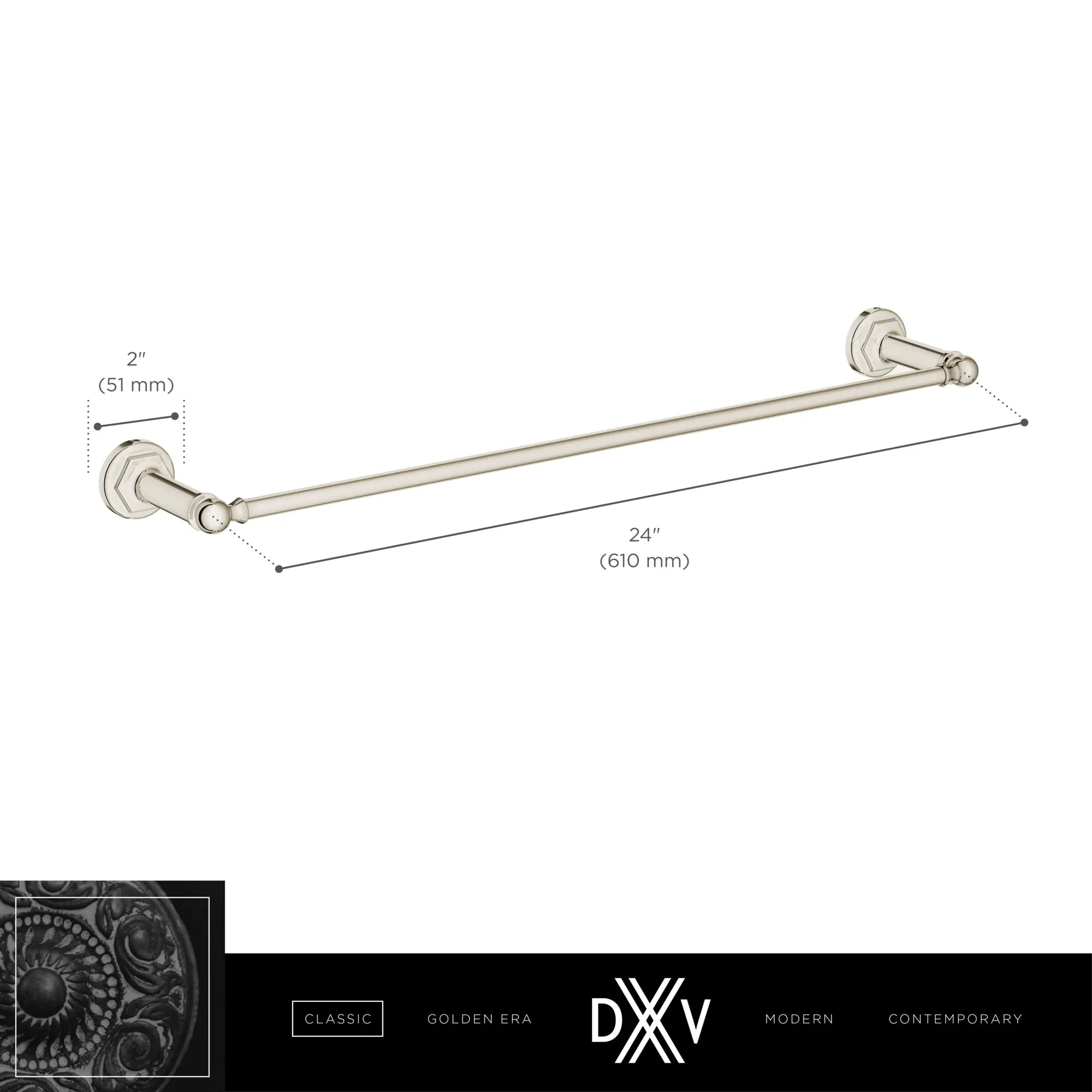 Oak Hill® 24 in. Towel Rack // POLISHED CHROME // 68371_DXV_Oak_Hill_Acessories_D35155240_Infographic_1_1_CDNwebp.webp
