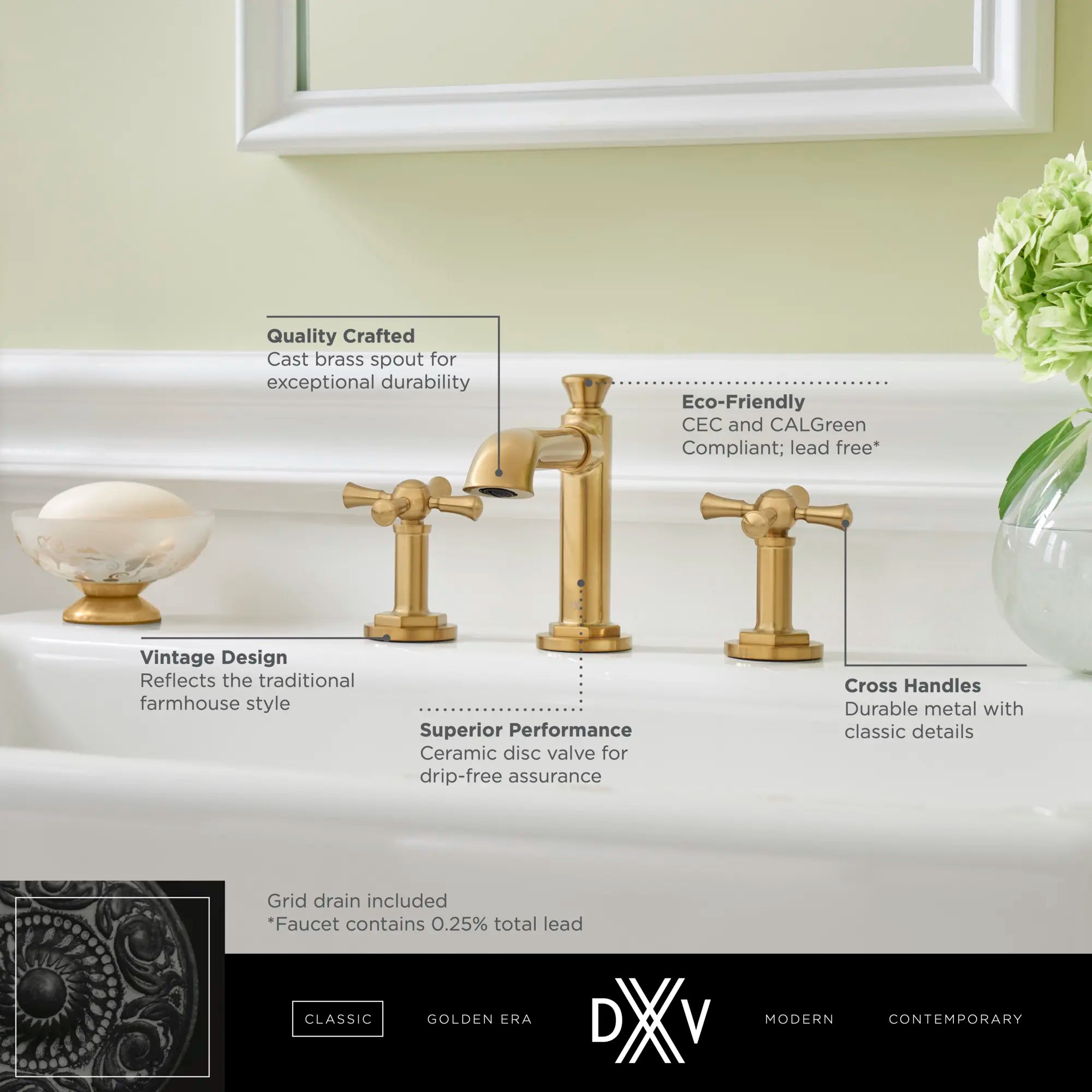 Oak Hill® 2-Handle Widespread Bathroom Faucet with Cross Handles // POLISHED CHROME // 68374_DXV_Oak_Hill_High_Spout_Faucets_D35155840_Infographic_1_CDNwebp.webp