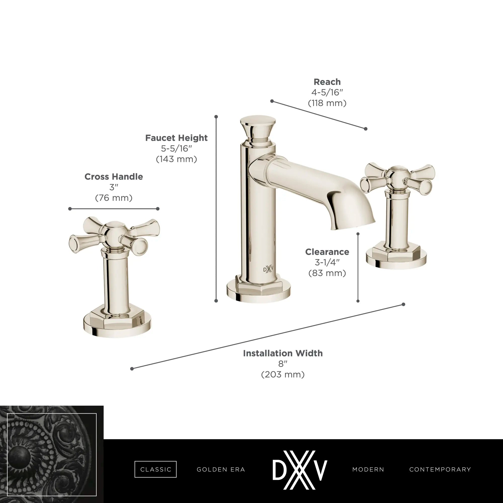 Oak Hill® 2-Handle Widespread Bathroom Faucet with Cross Handles // POLISHED CHROME // 68375_DXV_Oak_Hill_High_Spout_Faucets_D35155840_Infographic_2_CDNwebp.webp