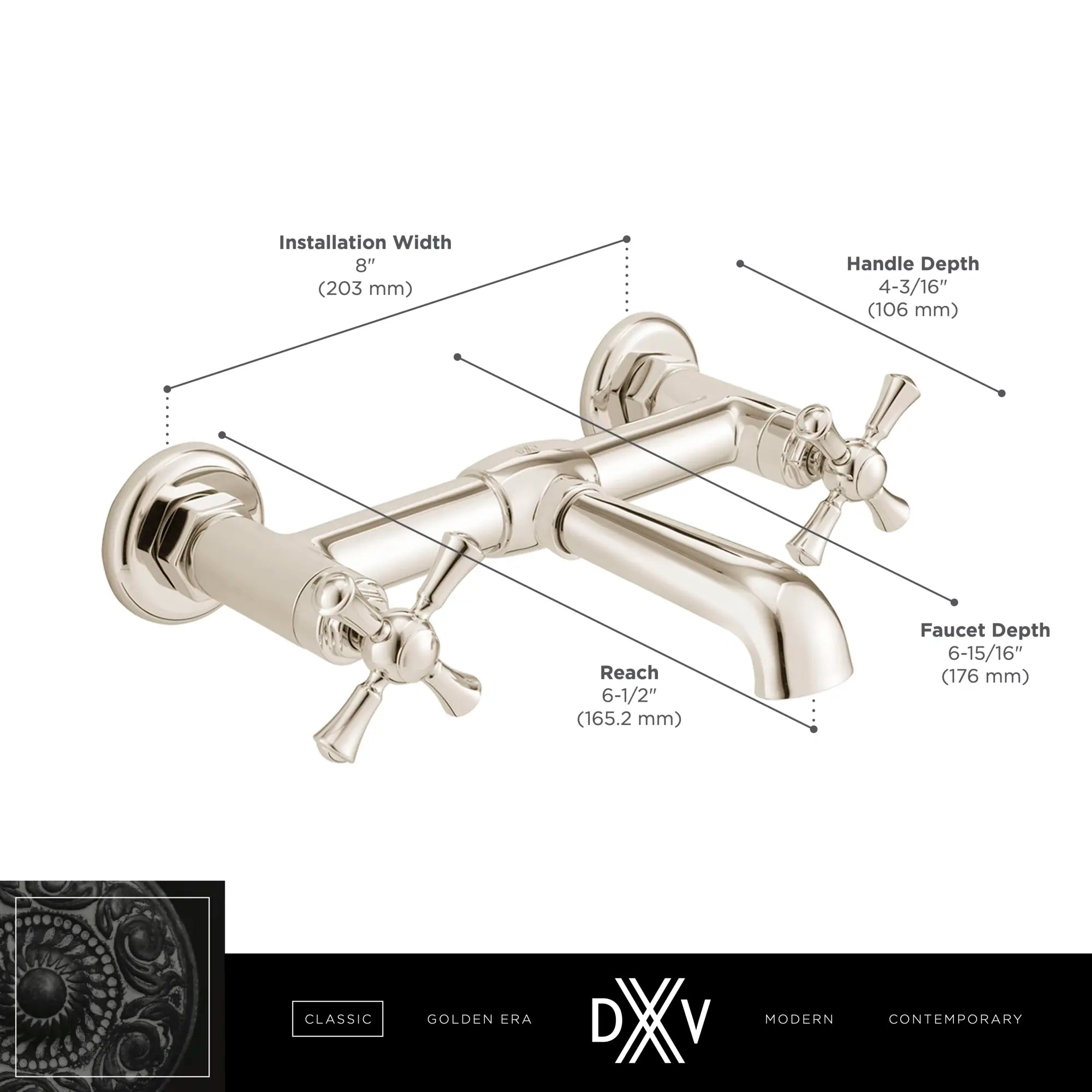 Oak Hill® 2-Handle Wall Mount Bathroom Faucet with Cross Handles // POLISHED CHROME // 68382_DXV_Oak_Hill_Wall_Mount_Faucets_D35155470_Infographic_2_CDNwebp.webp