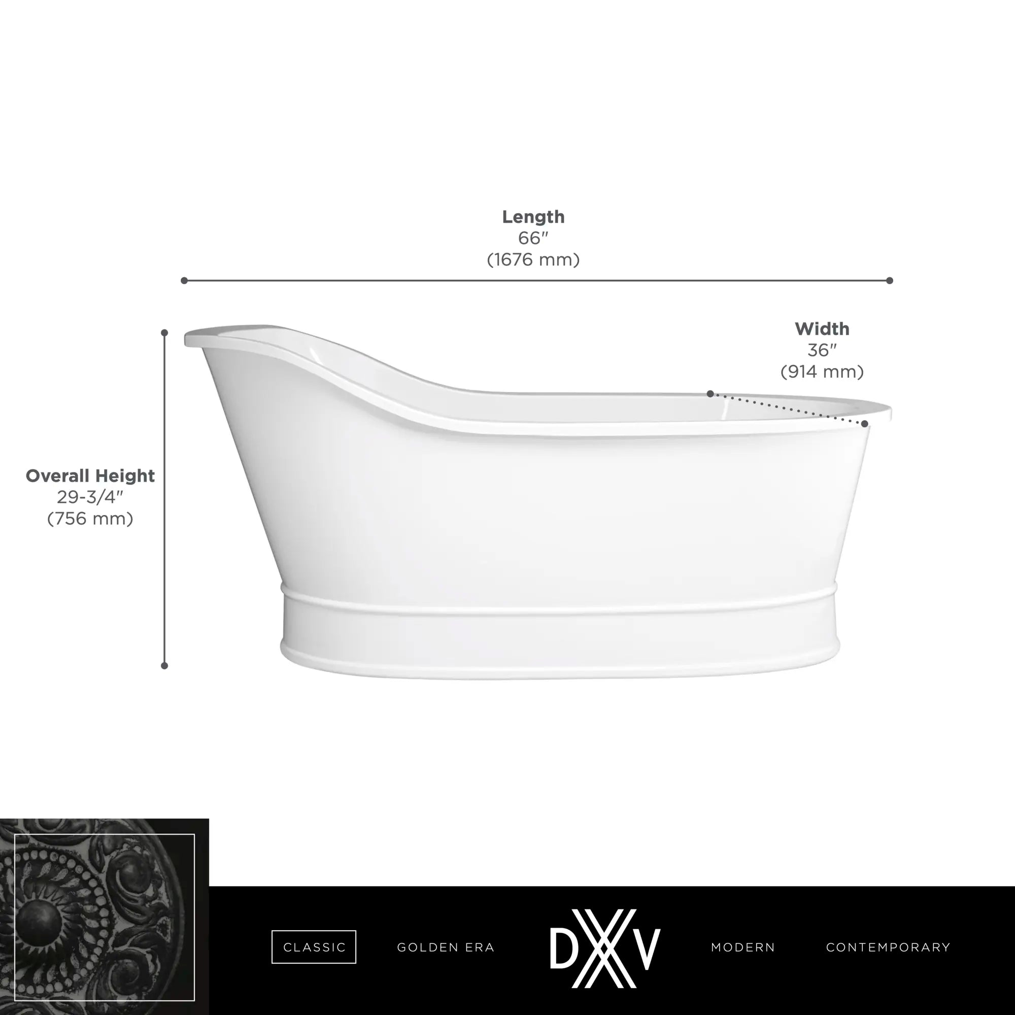 Oak Hill® 66 in. x 36 in. Freestanding Bathtub // CANVAS WHITE // 68384_DXV_Oak_Hill_FST_D12025004_Infographic_2_CDNwebp.webp