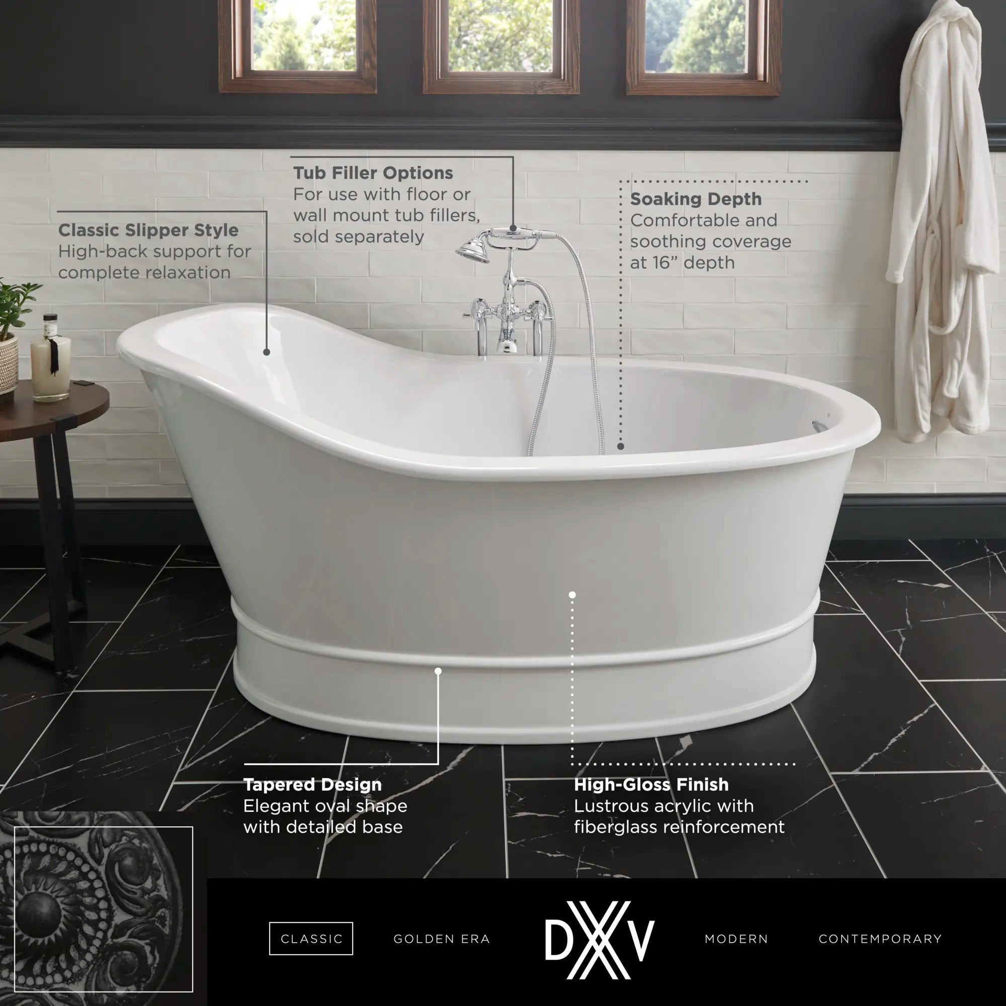 Oak Hill® 66 in. x 36 in. Freestanding Bathtub // CANVAS WHITE // 68385_DXV_Oak_Hill_FST_D12025004_Infographic_1_0_CDNwebp.webp