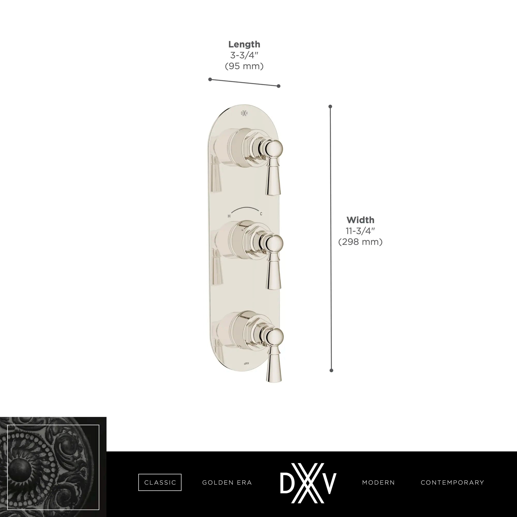 Oak Hill® 3-Handle Thermostatic Valve Trim Only with Lever Handles // POLISHED CHROME // 68392_DXV_Oak_Hill_3_Handle_Thermo_Slim_Valve_D35155537_Info_1_CDNwebp.webp