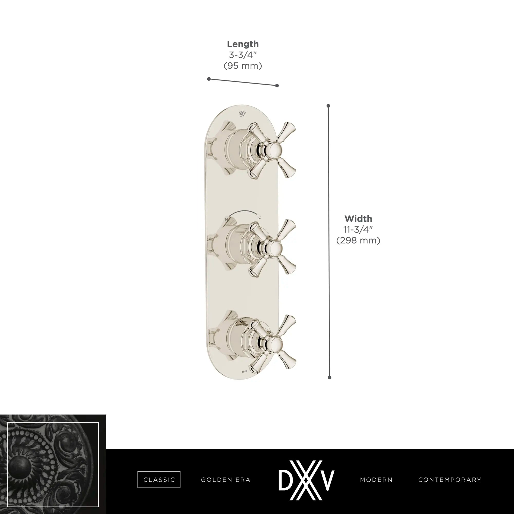 Oak Hill® 3-Handle Thermostatic Valve Trim Only with Cross Handles // POLISHED CHROME // 68394_DXV_Oak_Hill_3_Handle_Thermo_Slim_Valve_D35155538_Info_1_CDNwebp.webp