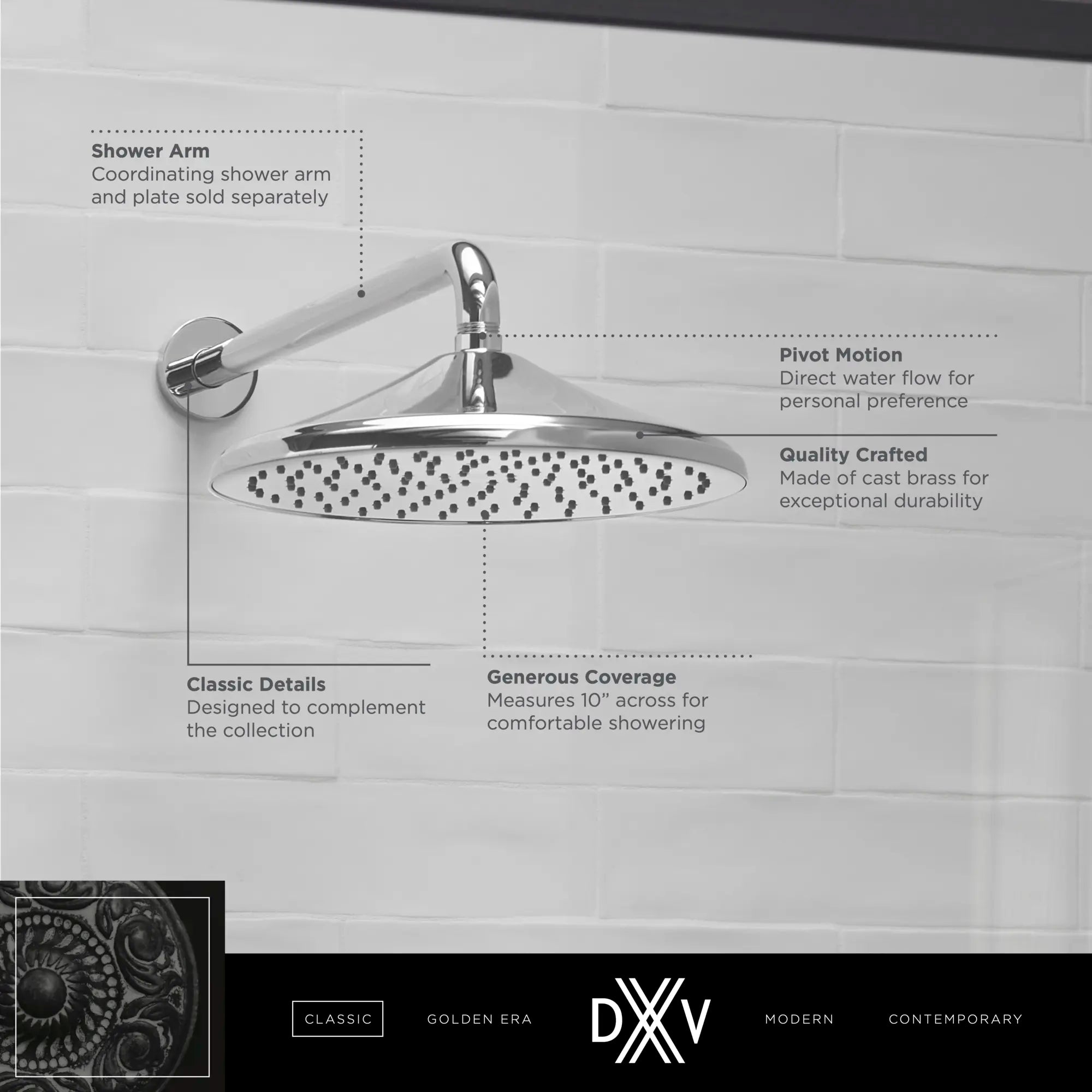 Oak Hill® Single Function 10 in. Round Rain Can Showerhead // POLISHED CHROME // 68400_DXV_Oak_Hill_Showerhead_D35155110_Infographic_1_CDNwebp.webp
