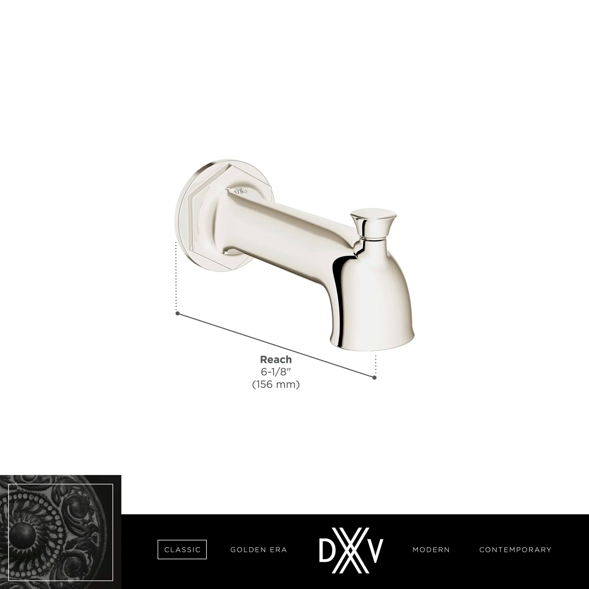 Oak Hill® Wall Mount Bathtub Spout with Diverter // POLISHED CHROME // 68404_DXV_Oak_Hill_TubSpout_Dims_D35155761_Infographic_1_CDNwebp.webp