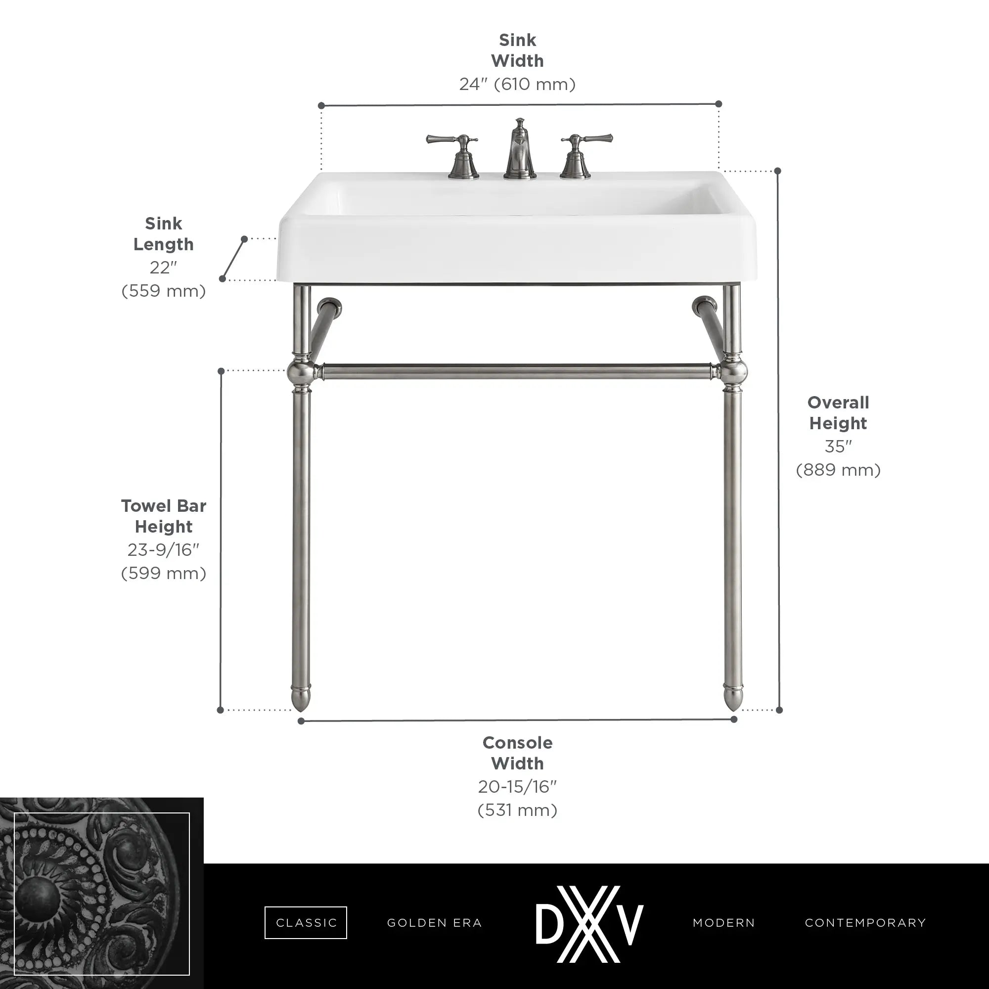 Oak Hill® 24 in. Console Legs // POLISHED CHROME // 68408_DXV_Oak_Hill_Console_D21411024_D20161008_Info_2_CDNwebp.webp