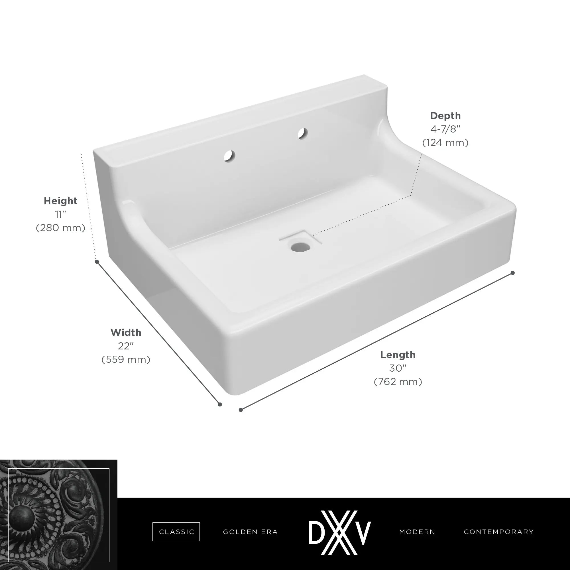 Oak Hill® 30 in. High-Back Sink, 2-Hole // CANVAS WHITE // 68416_DXV_Oak_Hill_Sink_D20155002_Info_2_CDNwebp.webp