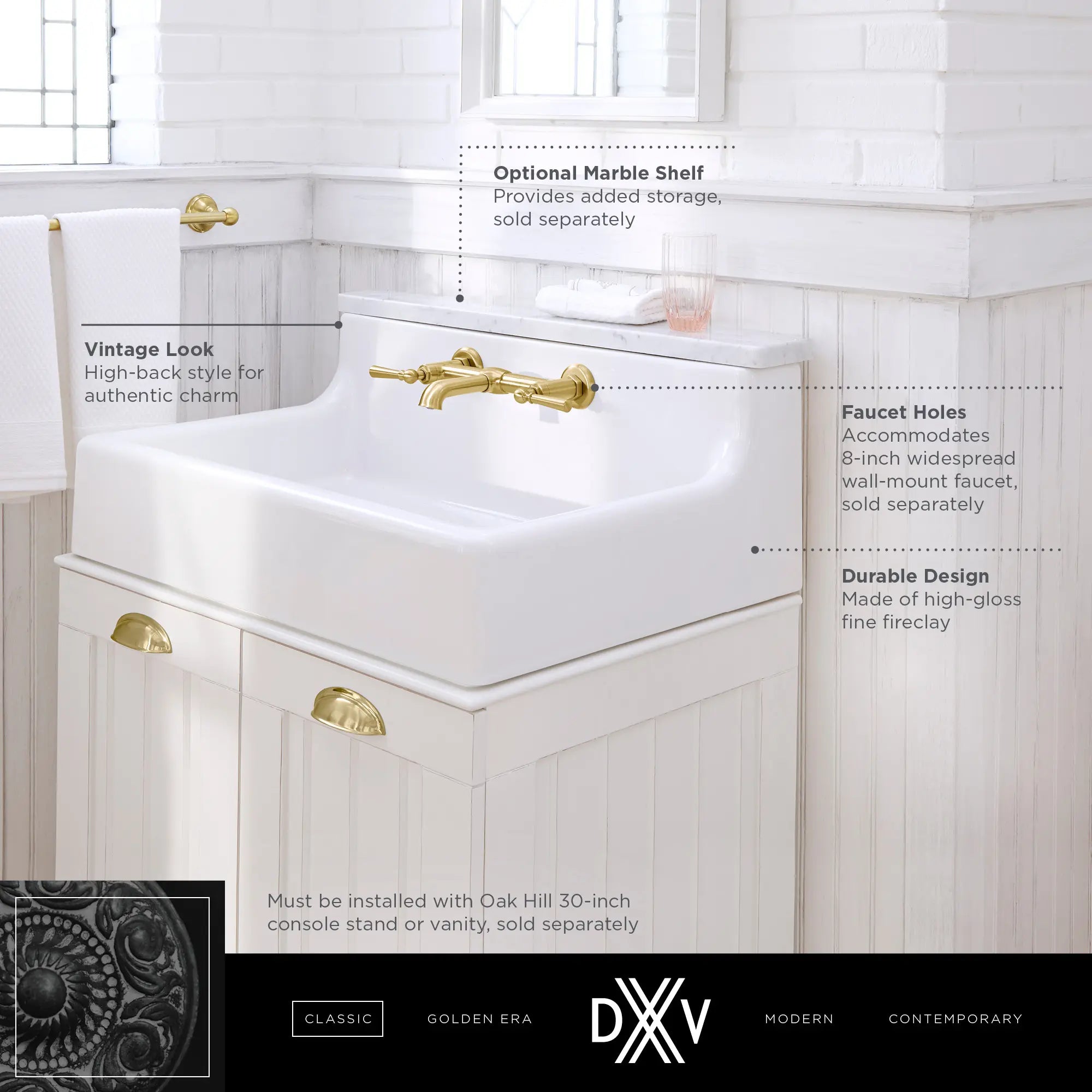 Oak Hill® 30 in. High-Back Sink, 2-Hole // CANVAS WHITE // 68419_DXV_Oak_Hill_Sink_D20155002_Info_1_0_CDNwebp.webp