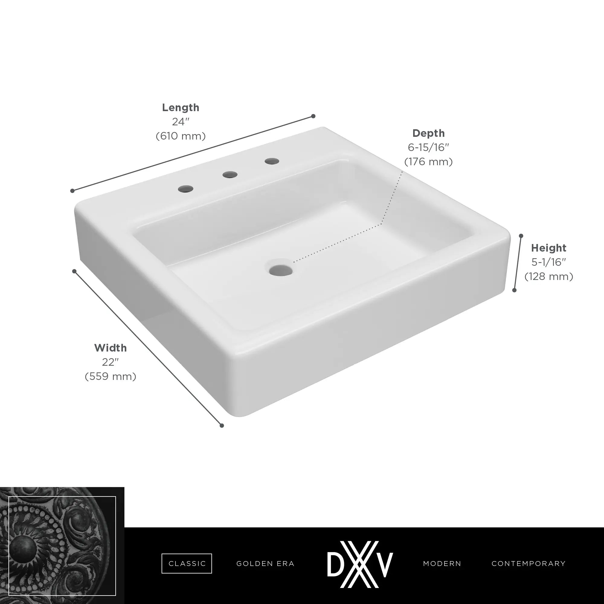Oak Hill® 24 in. Sink, 3-Hole // CANVAS WHITE // 68423_DXV_Oak_Hill_Sink_D20161008_Info_2_CDNwebp.webp
