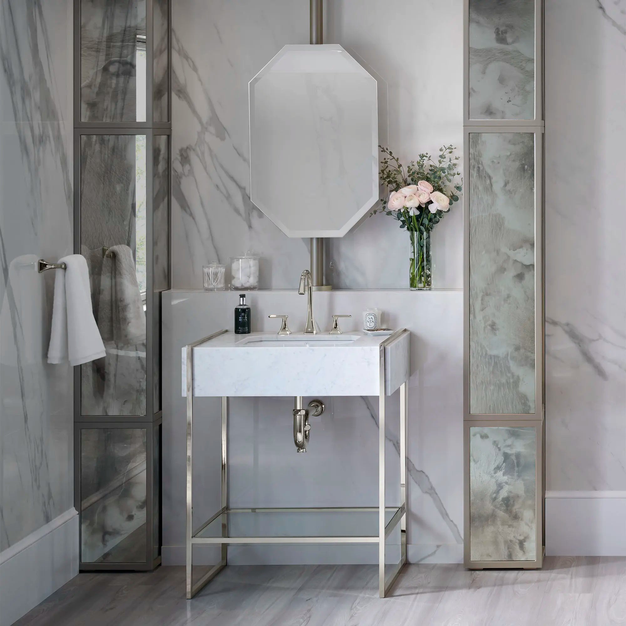 Belshire® 30 in. Carrara Marble Console Top, No Hole // CARRARA MARBLE // 83819_B-D20205000415_D21065000150_D19080003550_1_CDNwebp.webp