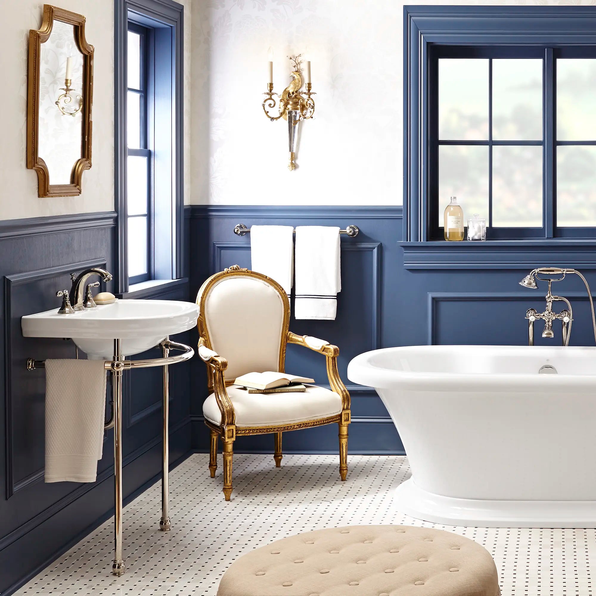 Traditional Floor Mount Bathtub Faucet with landfair Cross Handles // PLATINUM NICKEL // 88558_C_D62747004.415_D2215AA104.415_D19000708.008.415_D35101800.150_D35107954.150_1_CDNwebp.webp