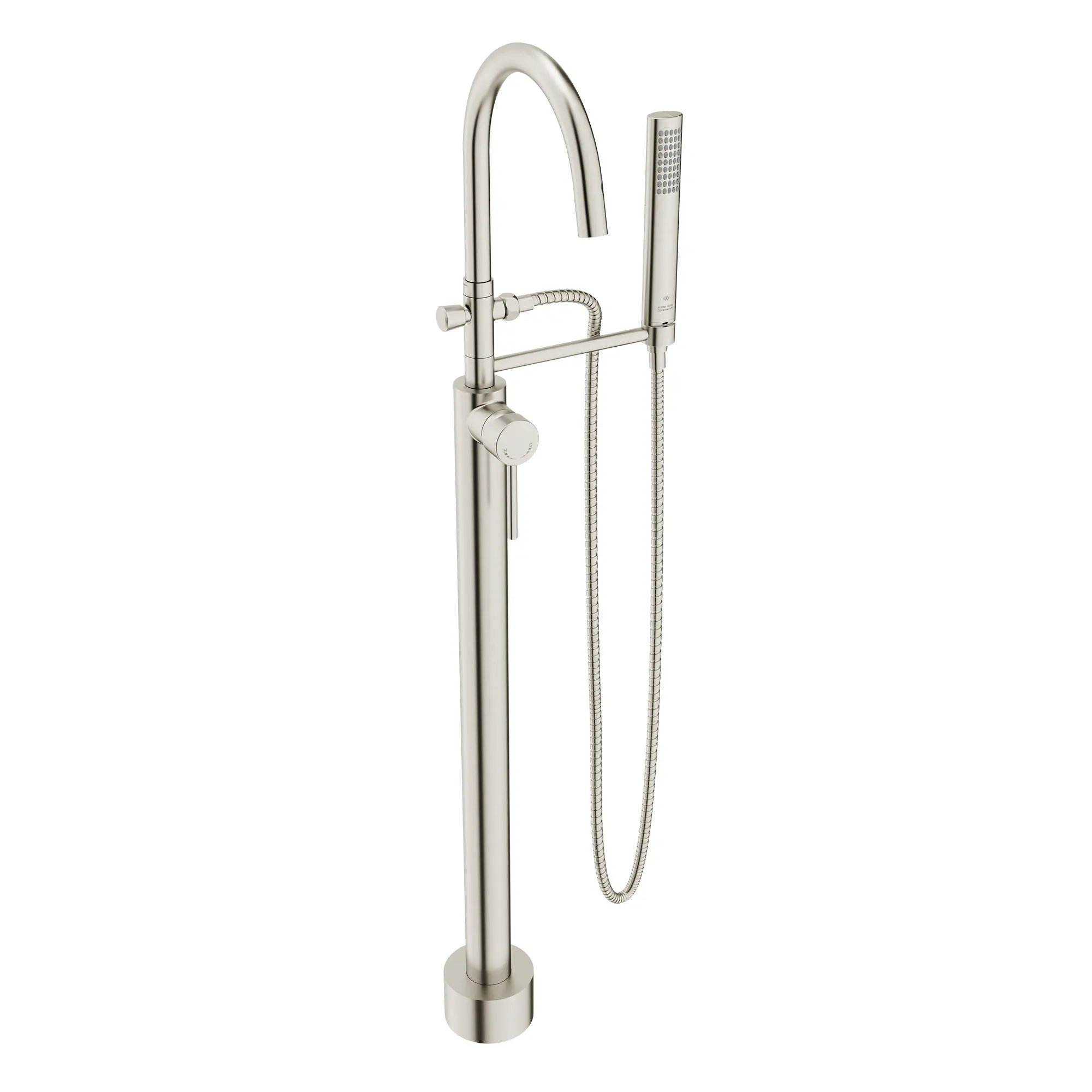 Equility® Round Floor Mount Bathtub Filler with Hand Shower and Lever Handle // BRUSHED NICKEL // 97179_D35901971.144_CDNwebp.webp