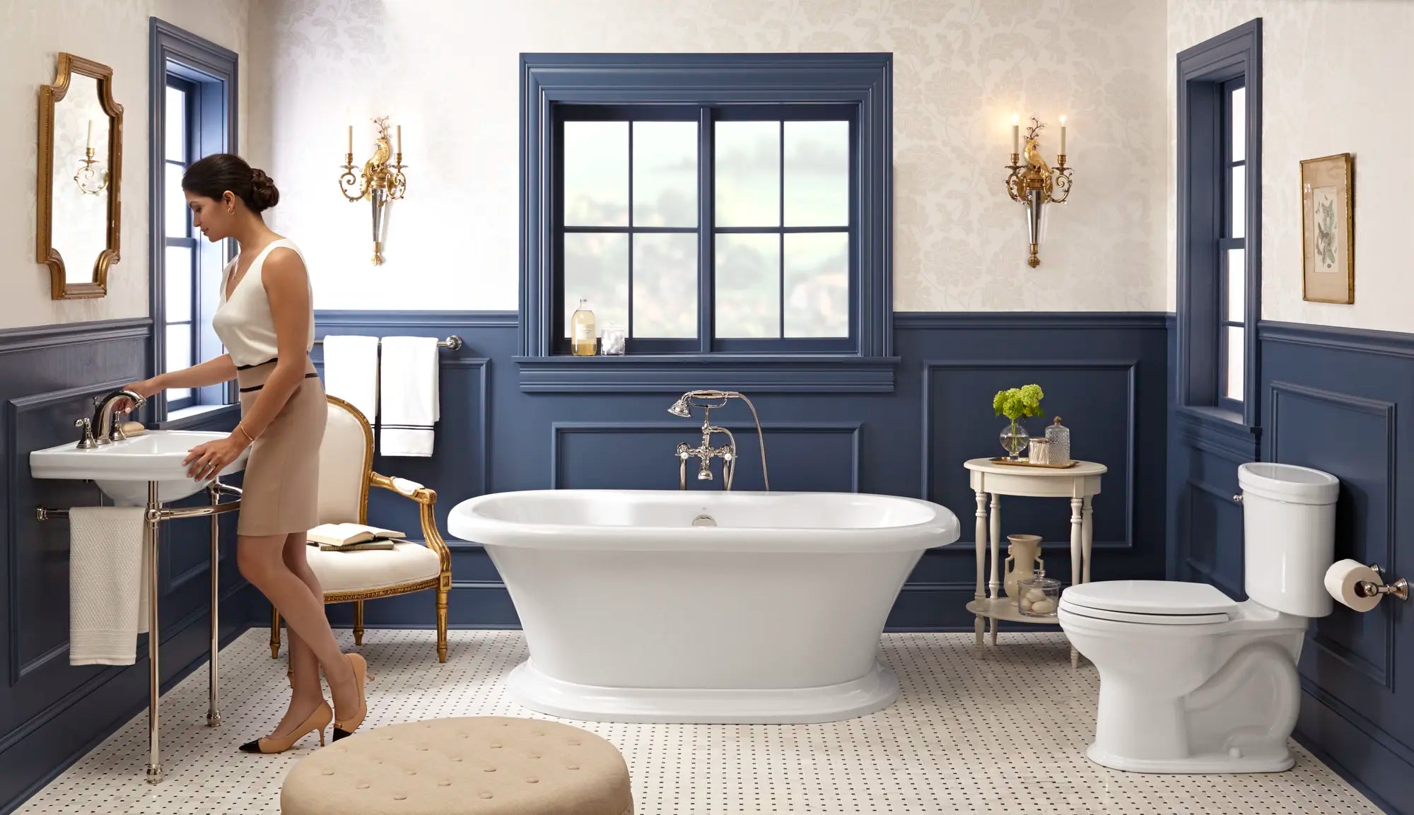 Traditional Floor Mount Bathtub Faucet with landfair Cross Handles // PLATINUM NICKEL // 98221_L_D62747004.415_D2215AA104.415_D19000708.008.415_D35101800.150_D35107954.150_03_CDNwebp.webp